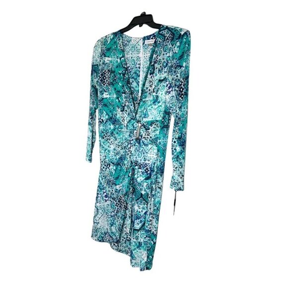 Calvin Klein Womens Blue Green Print V Neck Faux Wrap Sheath Dress Sz 18 W New - Picture 2 of 10